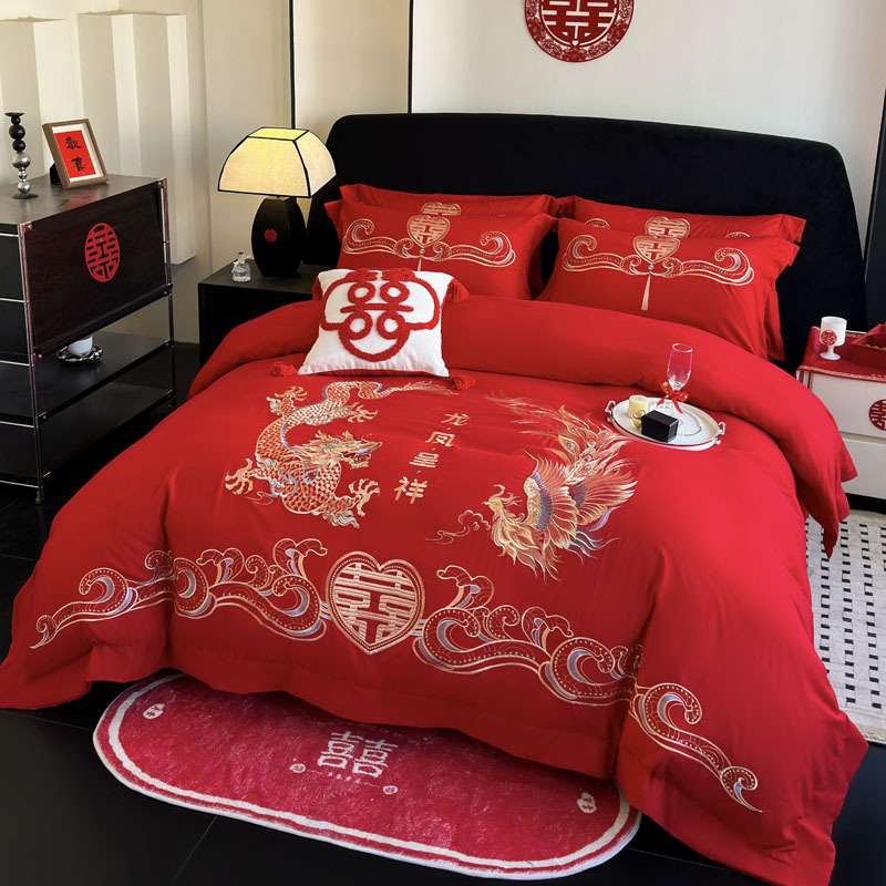 中式龙凤刺绣婚庆四件套大红色结婚被套床笠款陪嫁新婚房床上用品