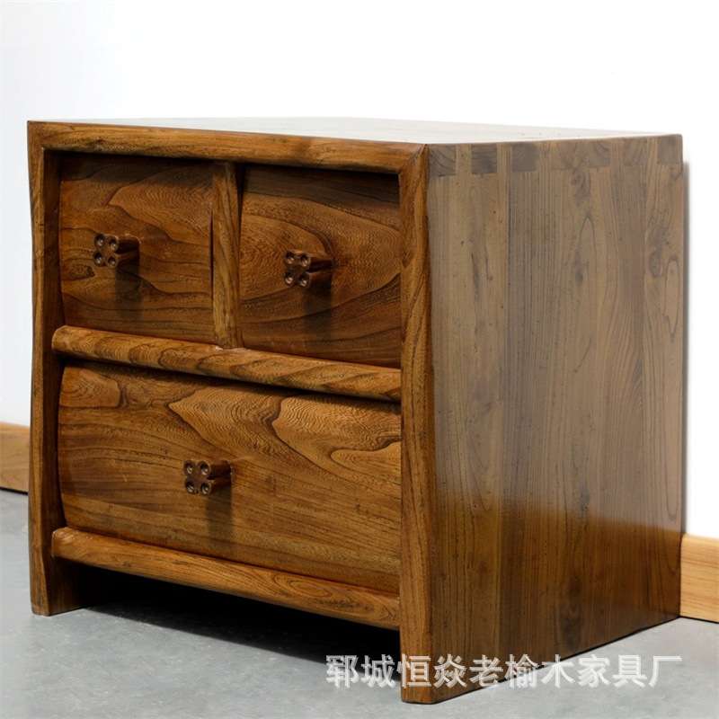 老榆木床头柜现代简约窄储物柜卧室三抽屉斗柜民宿榆木边柜矮柜