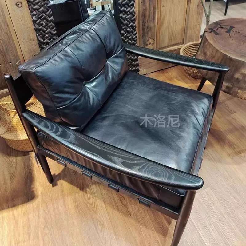 北欧单人沙发椅休闲阅读椅子设计师中古咖啡椅酒店民宿看书椅皮革