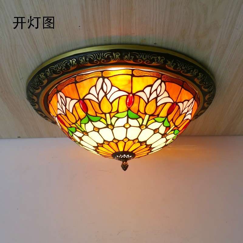 欧式复古卧室吸顶灯圆形灯阳台过道灯餐厅客厅灯彩色玻璃吸顶灯