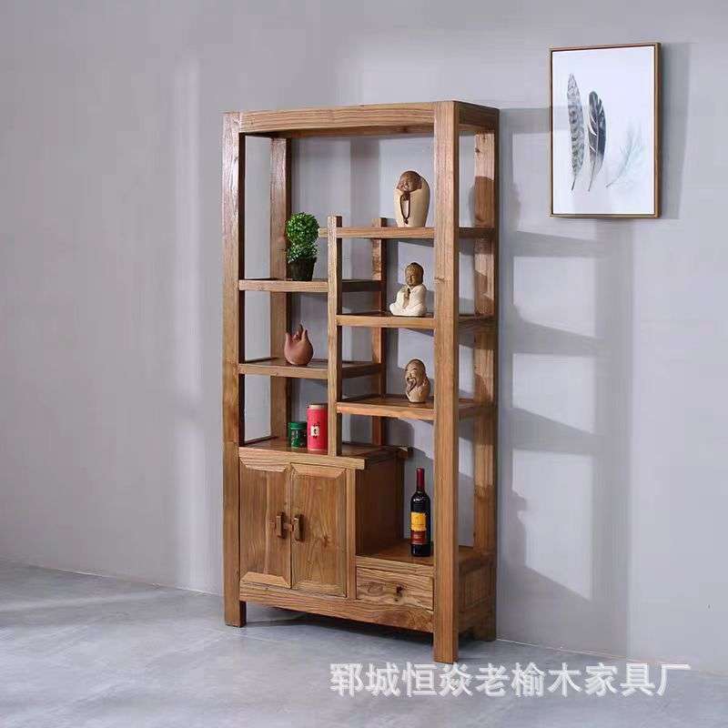 新中式老榆木博古架家用靠墙茶具收纳架办公室文玩展示柜玄关架