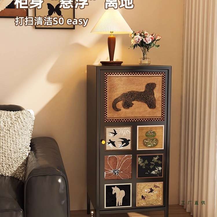 中古风极窄斗柜餐边柜客厅靠墙铁皮储物柜复古沙发边柜卧室收纳柜图片