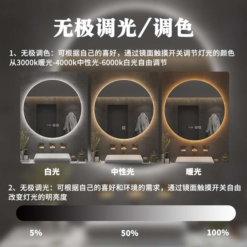 镜子挂墙灯led发光壁挂镜触摸屏防雾圆形感应智能浴室镜卫生间带