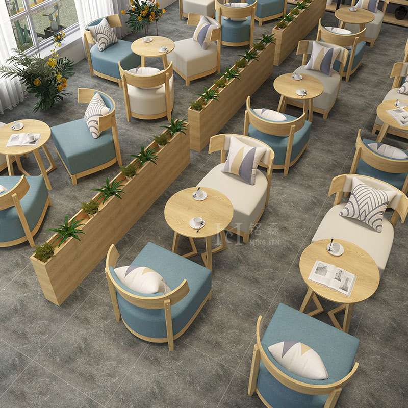 实木咖啡厅奶茶店沙发 接待洽谈西餐厅桌椅组合 休闲布艺单人座椅