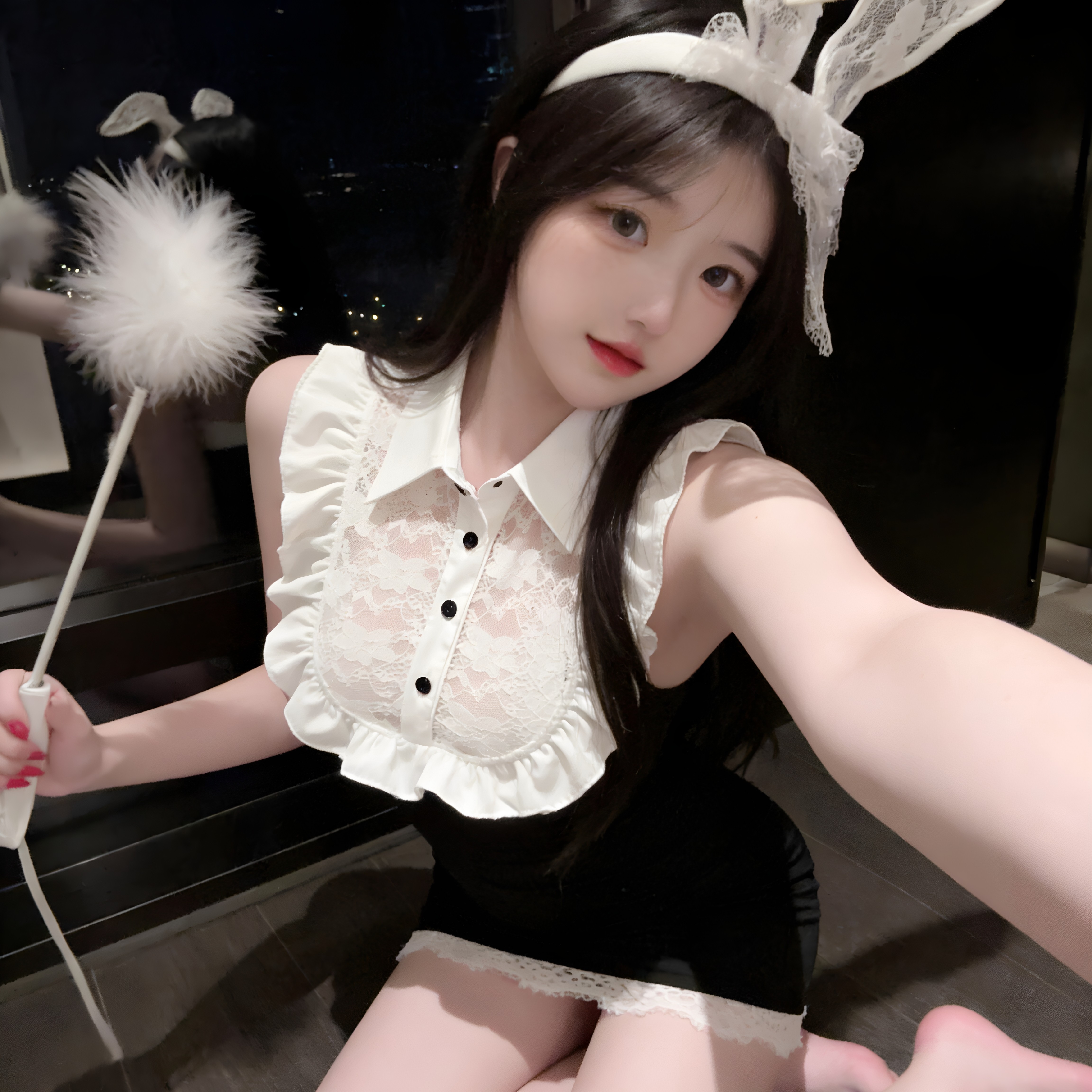 夜店兔女郎 新品OL制服蕾丝包臀裙性感睡衣新款黑白配纯欲