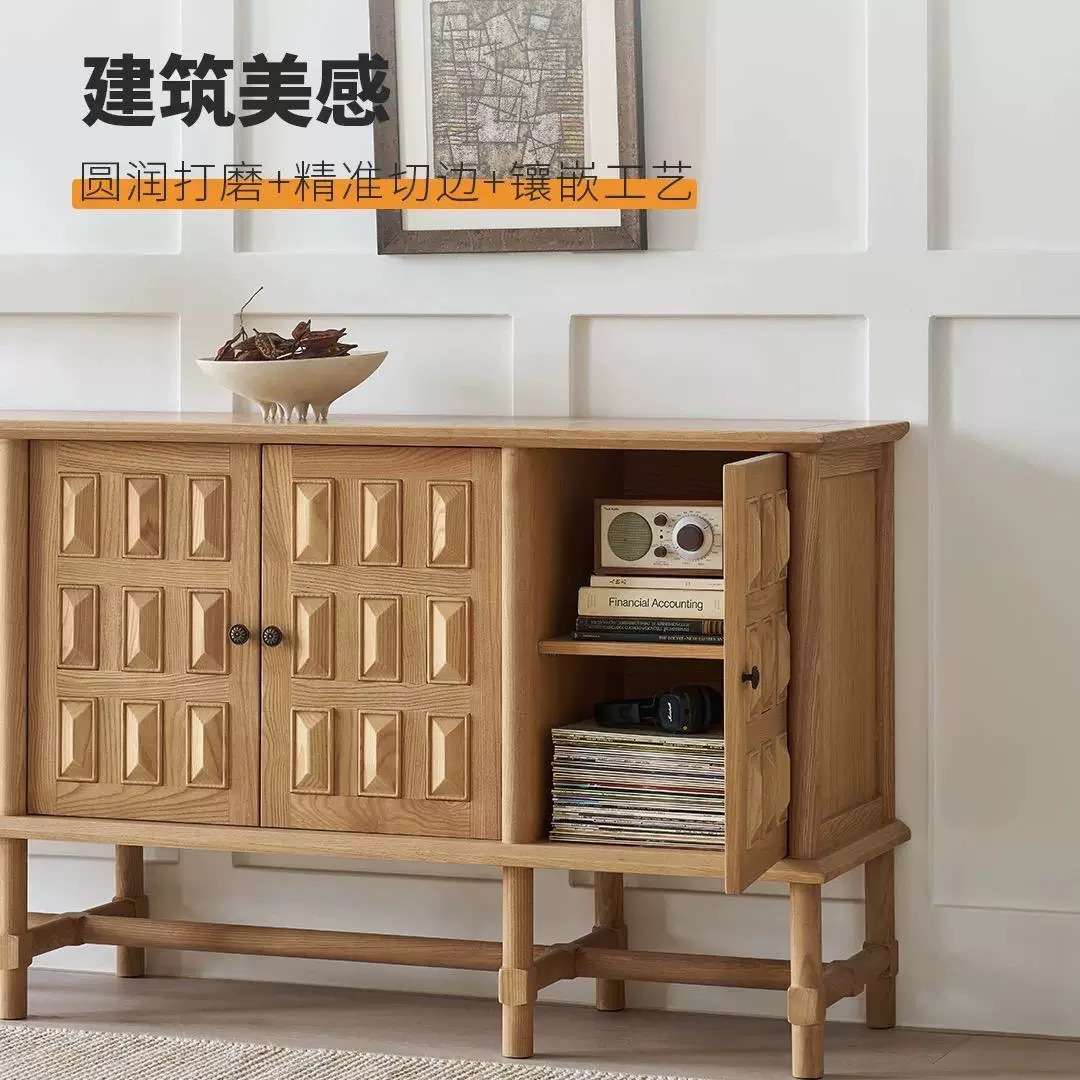法式中古实木雕刻餐边柜美式储物玄关柜原木色复古做旧储藏电视柜