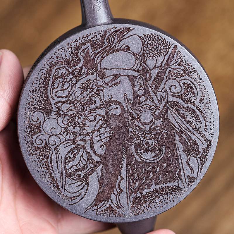 宜兴名家天青泥紫砂壶 纯手工春秋汉瓦茶壶陶刻关羽茶具李卢春制