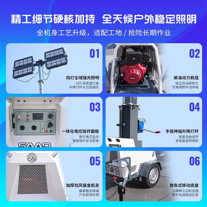 萨奥095型5系列小型款柴油发电灯车手摇升降大功率移动照明塔车