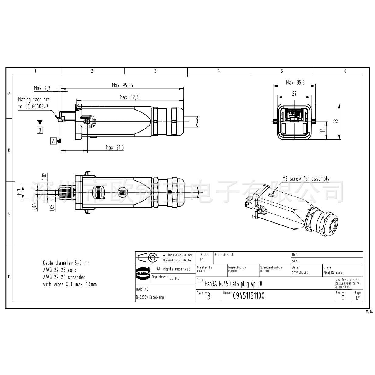 HARTING浩亭RJ Industrial以太网数据接口电缆连接器09451151100