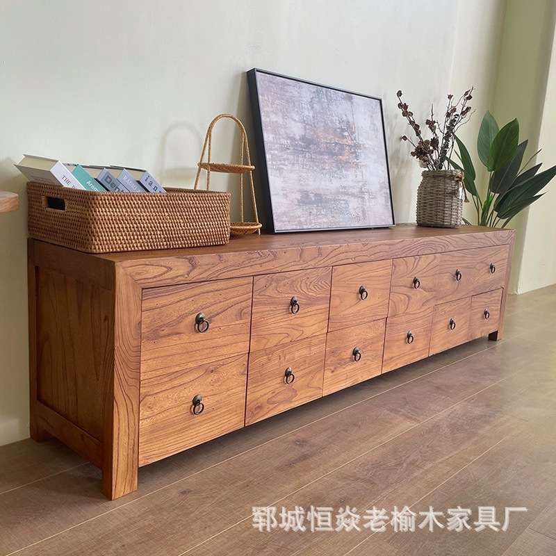 老榆木电视柜实木斗柜抽屉式边柜现代中式客厅矮柜整装收纳储物柜