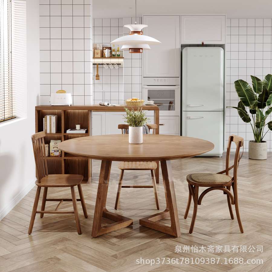 美式圆形实木餐桌民宿酒店摄影楼休闲洽谈接待商务餐桌家用饭桌子