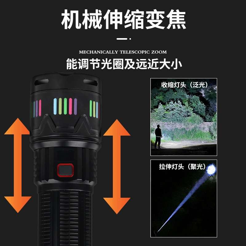 跨境新款强光轰天炮超亮可充电超长续航户外家用远射变焦手电筒