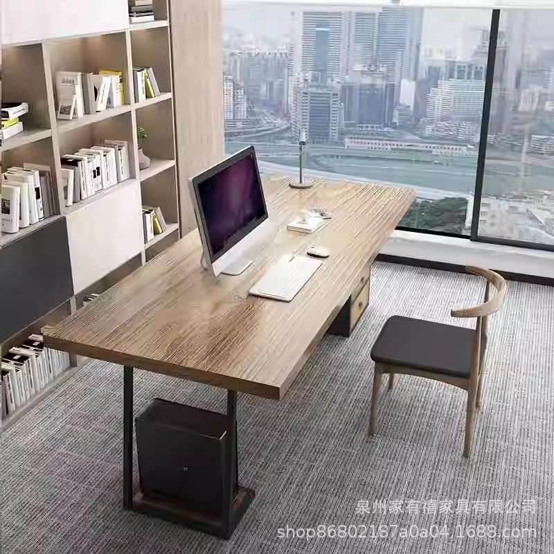 loft实木电脑台式桌工业风老板桌办公桌北欧书桌原木主管桌工作桌