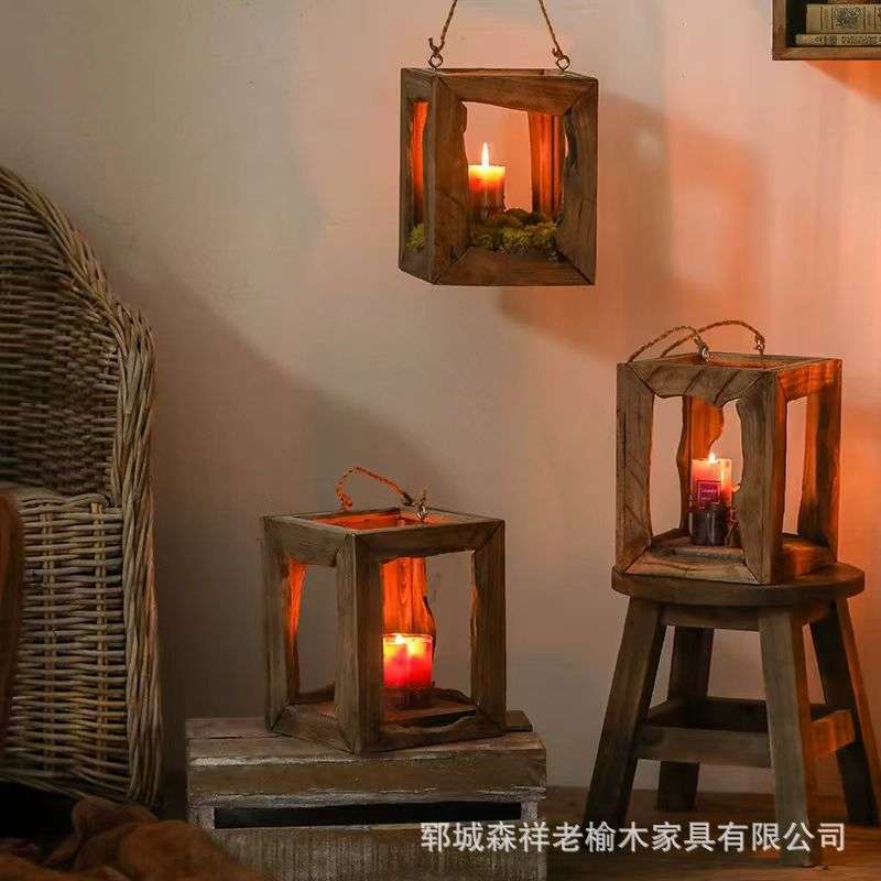 老榆木烛台可挂烛台家家用节日氛围感做旧蜡烛台榆木装饰烛台座