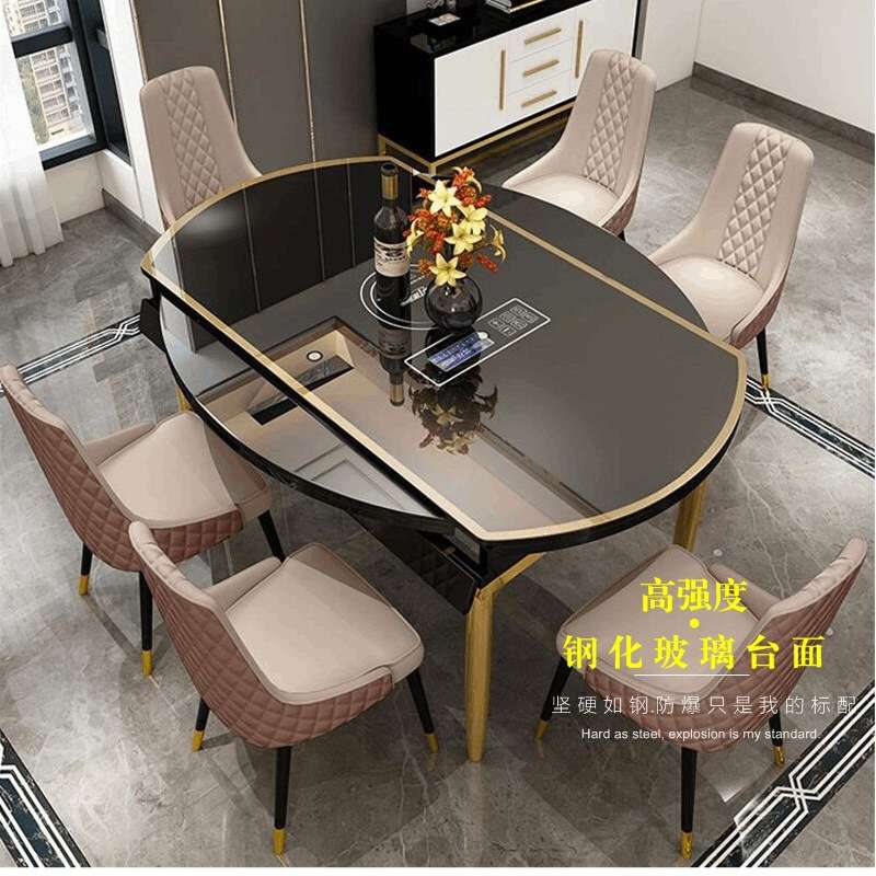 轻奢后现代黑白色烤漆圆形可折叠不锈钢镀金餐桌伸缩餐台餐厅饭桌