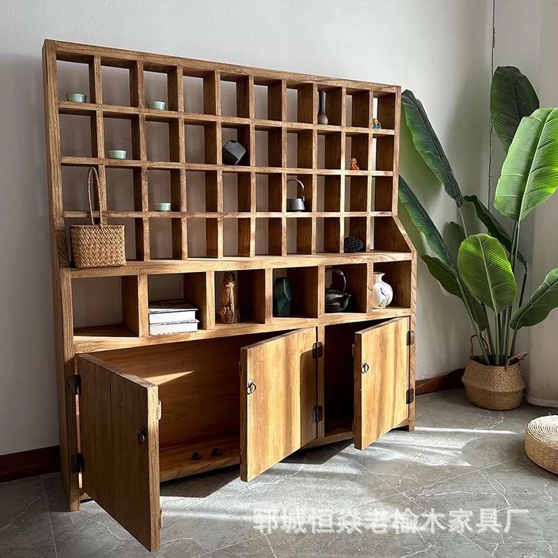 老榆木博古架办公室茶具收纳架多格置物架榆木开门式文玩储物柜