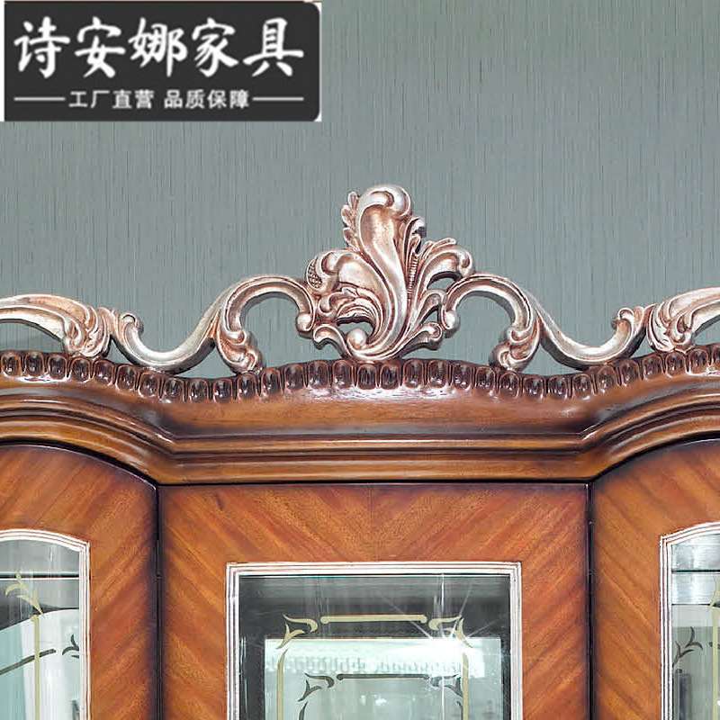 欧式别墅四门酒柜 银箔做旧 实木 法式餐厅 酒柜
