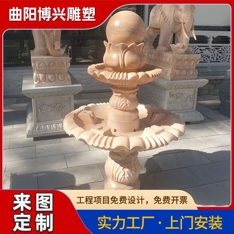 黄锈石石雕小喷泉厂家庭院别墅装饰景观花岗岩石材菠萝头流水摆件