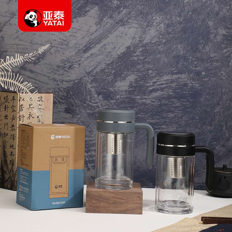 亚泰新款高硼硅玻璃带手柄茶水分离泡茶商务高端印字logo大容积杯