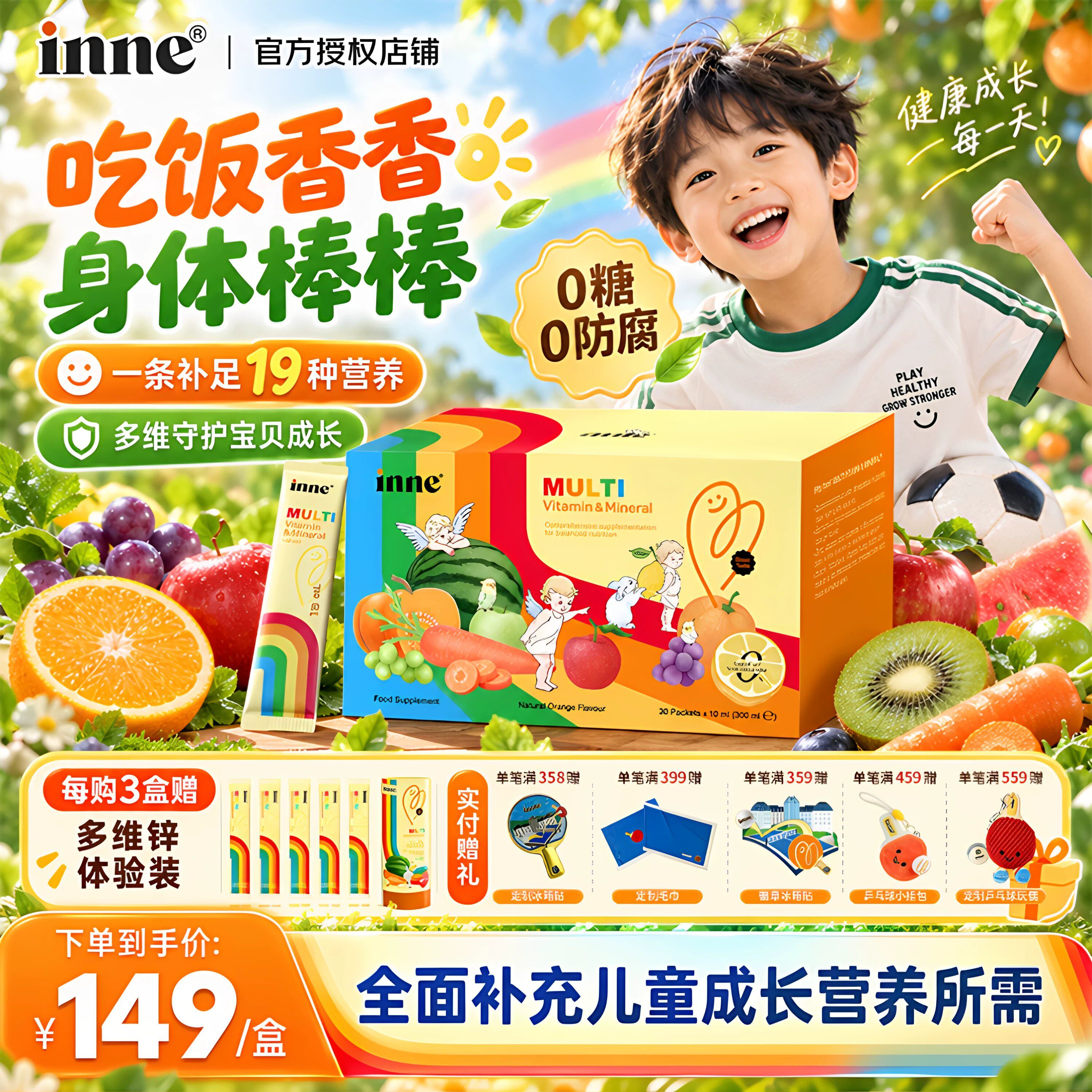inne多维锌彩虹条儿童宝宝婴幼儿复合维生素开胃补锌补充剂