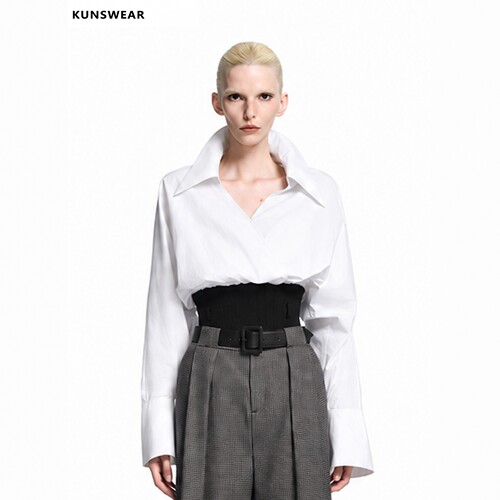 KUNSWEAR/琨丝薇尔26FA 大翻领交叉设计感拼接衬衫上衣 846004391