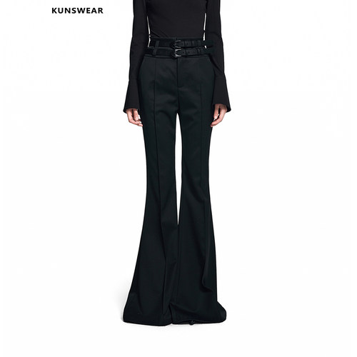 KUNSWEAR/琨丝薇尔26FA 小众设计收腰黑色微喇高腰长裤 846005151