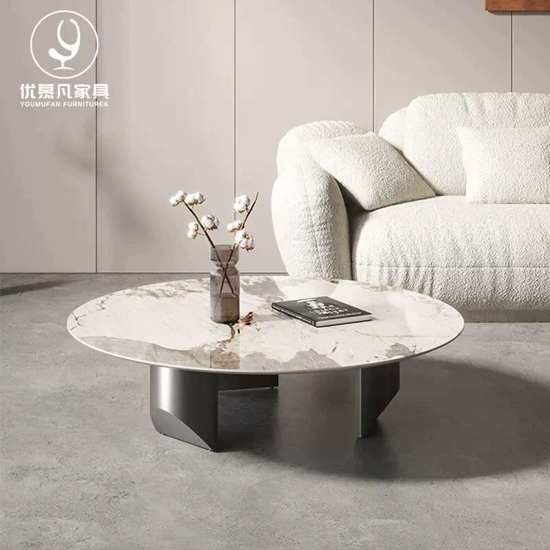 意式轻奢岩板茶几小户型圆形边几设计师客厅现代简约高低圆桌组合