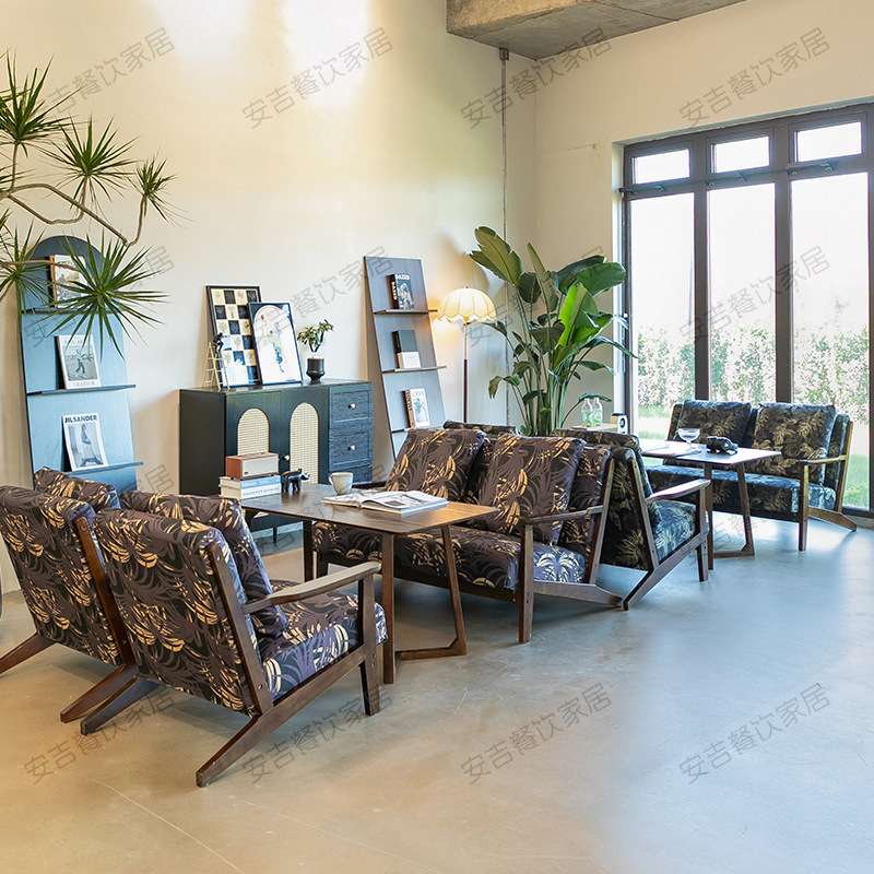 美式连锁复古印花布艺奶茶店咖啡厅酒店民宿休闲实木沙发桌椅组合