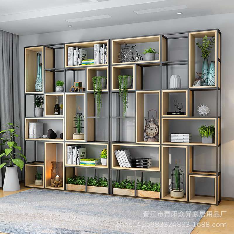 简约铁艺多层置物架 客厅实木落地式隔断架子 创意格子书架展示架