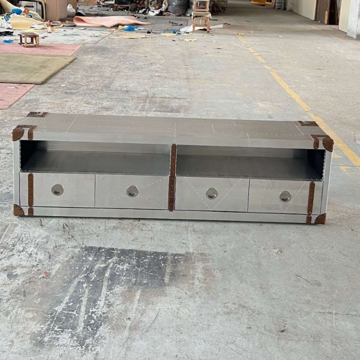 中古风家具美式风格电视柜茶几组合伸缩小户型金属铝皮地柜设计师