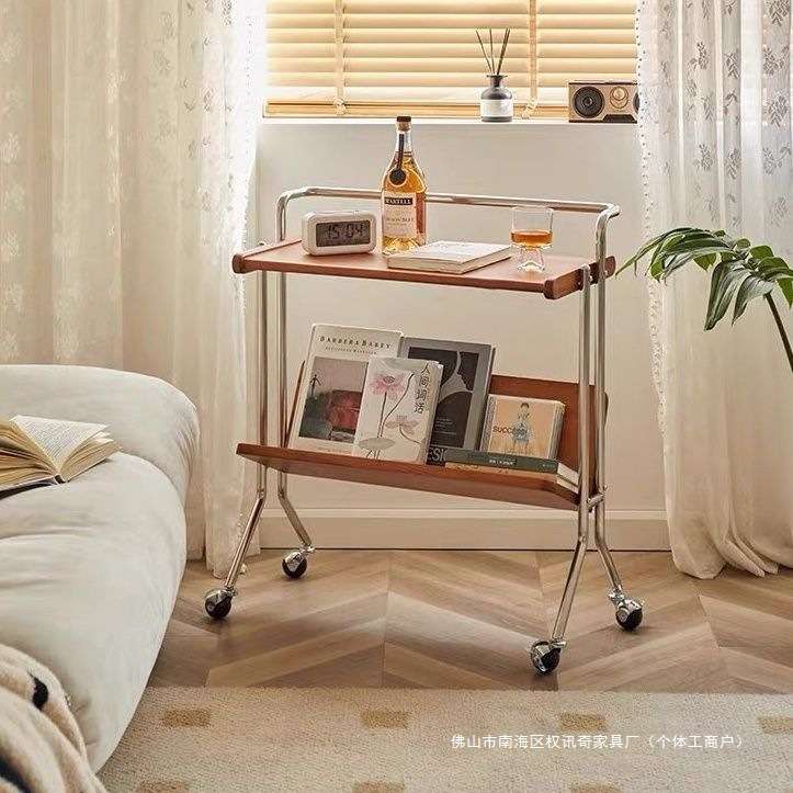 中古可移动小推车沙发边几客厅复古实木茶几杂志书架床头置物架子