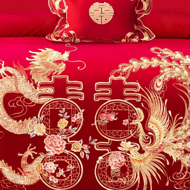 九喜狐婚庆家纺长绒棉刺绣新房布置婚房装修套件床上用品龙凤报喜