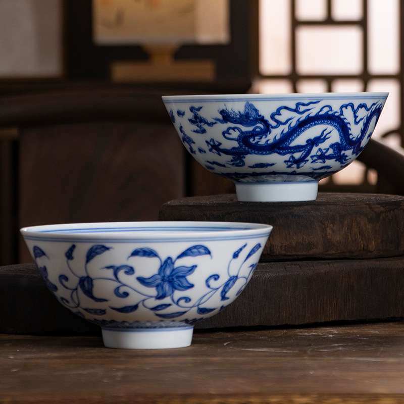 雨彤 纯手绘青花瓷 景德镇碗仿古碗米饭碗大茶碗 博古架装饰品