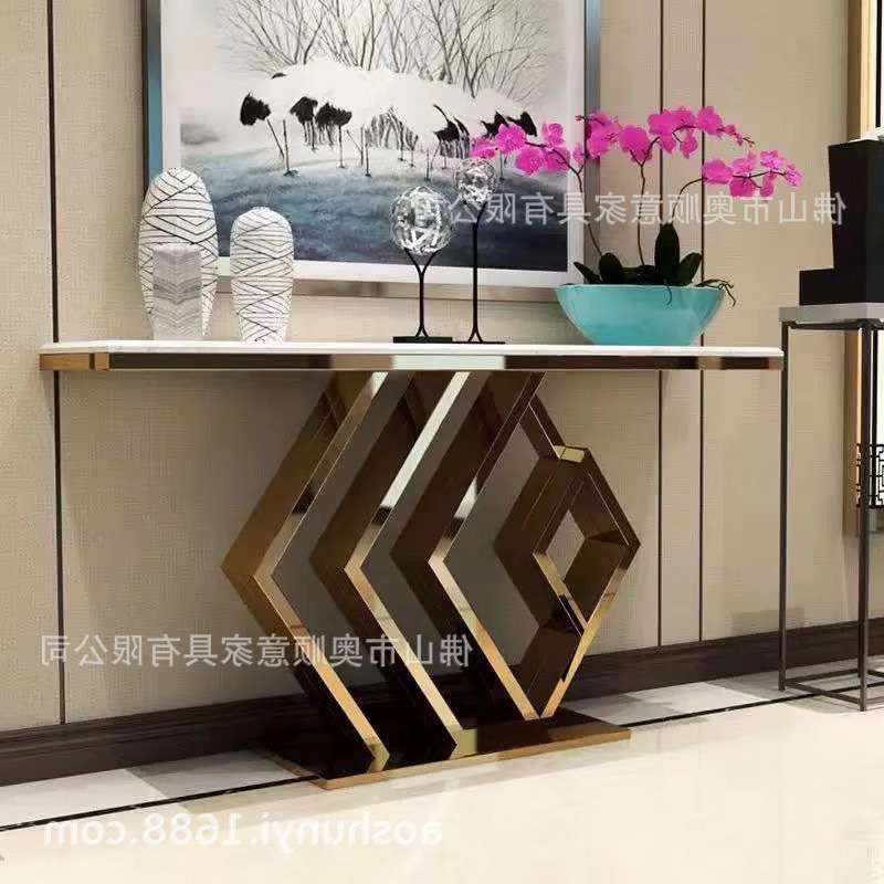 新款不锈钢镀金入户玄关大理石面玫瑰金色摆件工厂直销长条桌子