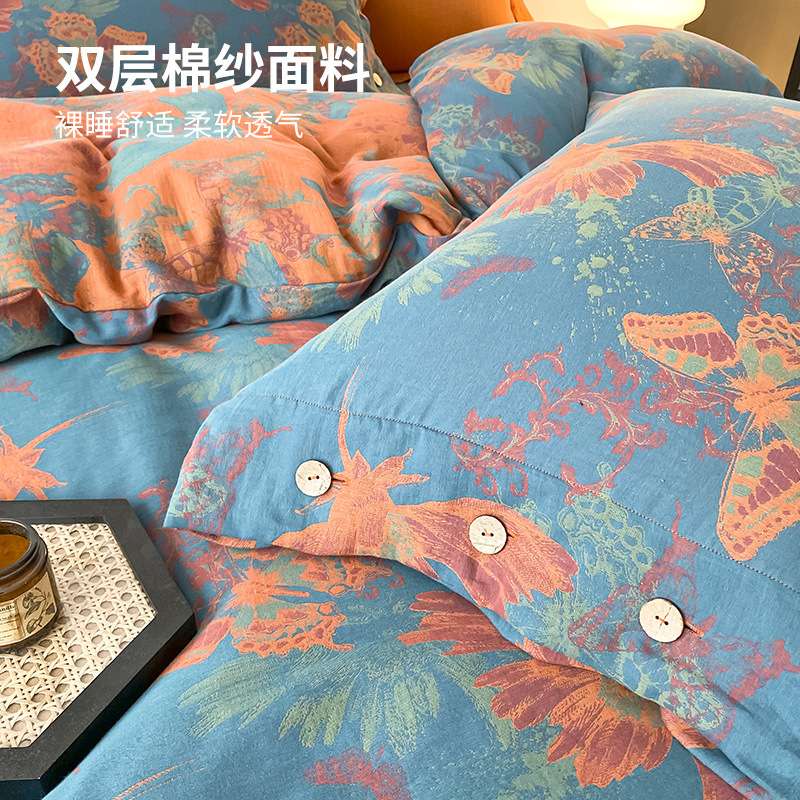 新款全棉色织A类母婴双层纱四件套 纯棉被套床单床上用品一件