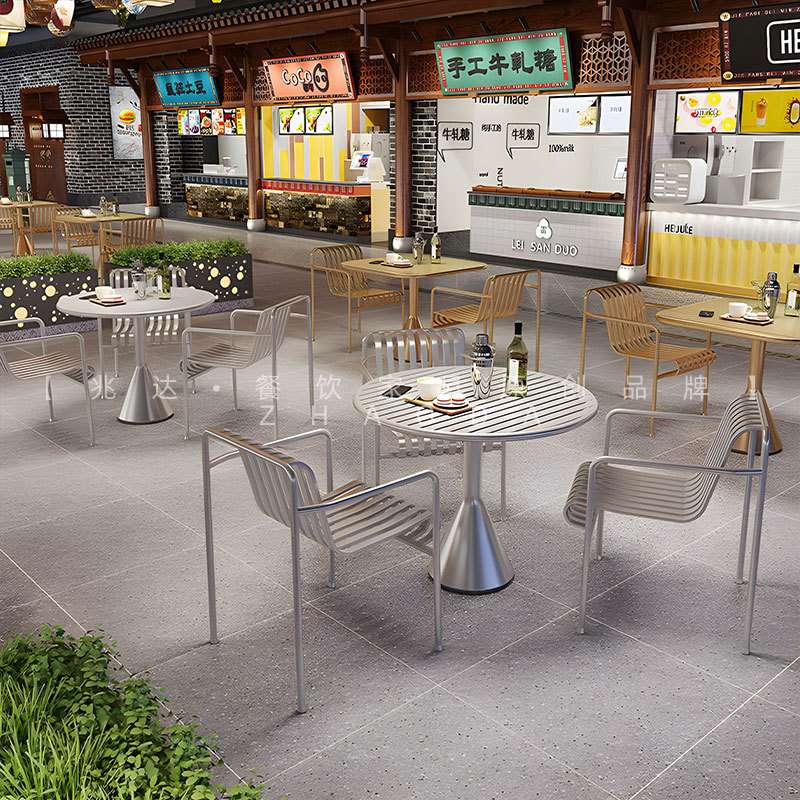 户外不锈钢餐桌椅工业风大排档60CM小圆桌奶茶店轻奢长桌商用家具