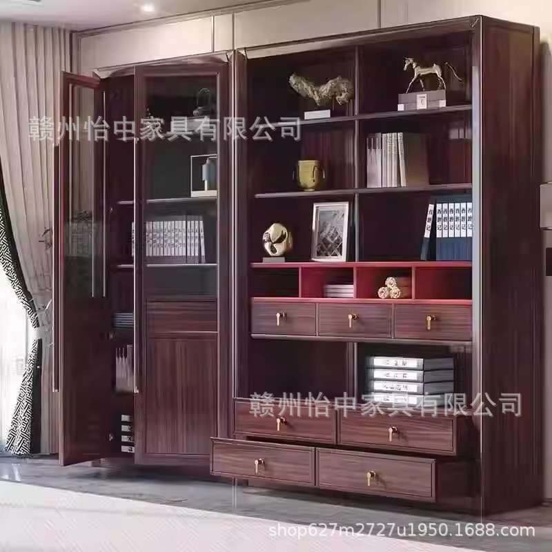 新中式乌金木全实木书柜现代简约轻奢置物柜酒柜书房书架柜储藏柜