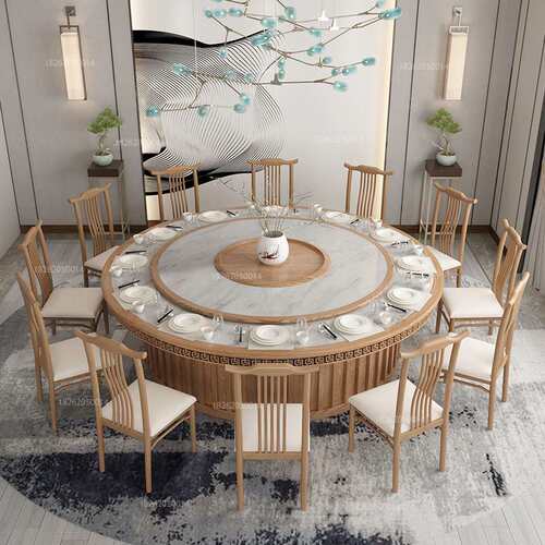 新中式酒店电动餐桌大圆桌餐厅15/20/16人转盘带电磁炉火锅桌圆形
