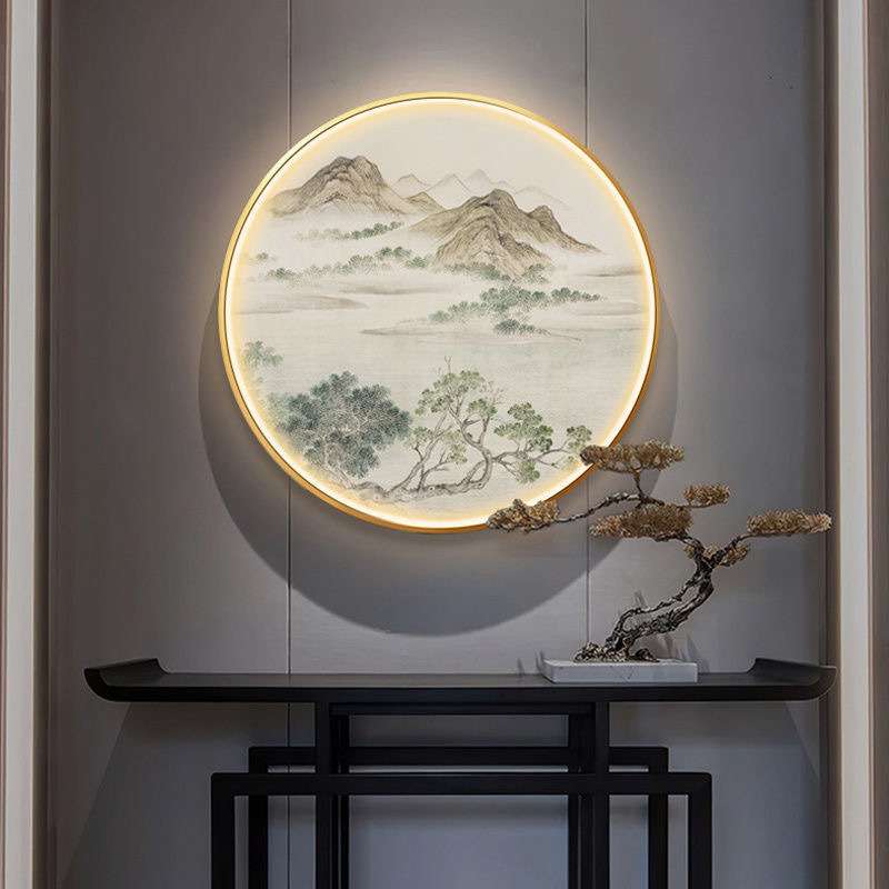 山水新中式禅意风景玄关装饰画发光LED氛围灯画国画书房挂画圆形图片