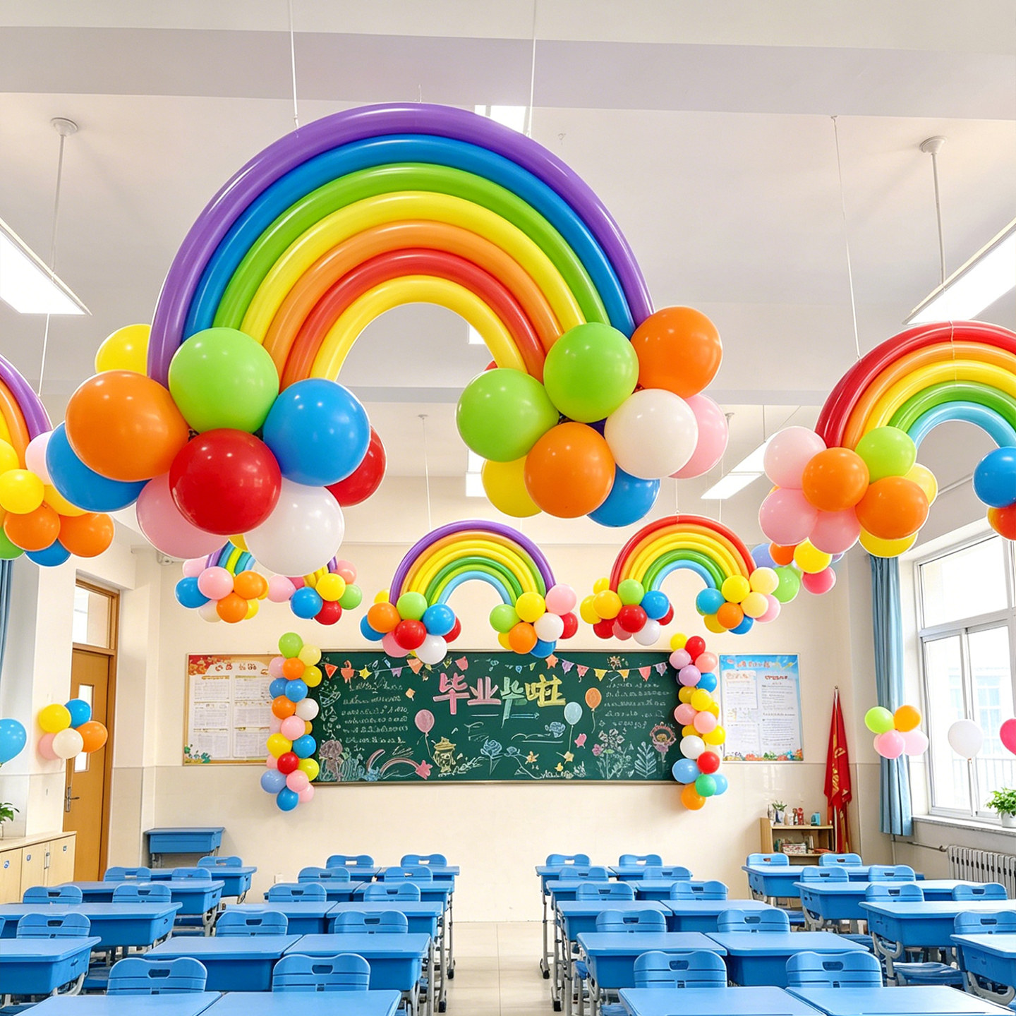 多巴胺彩虹气球毕业季学校教室装饰吊顶波波球幼儿园彩色场景布置图片