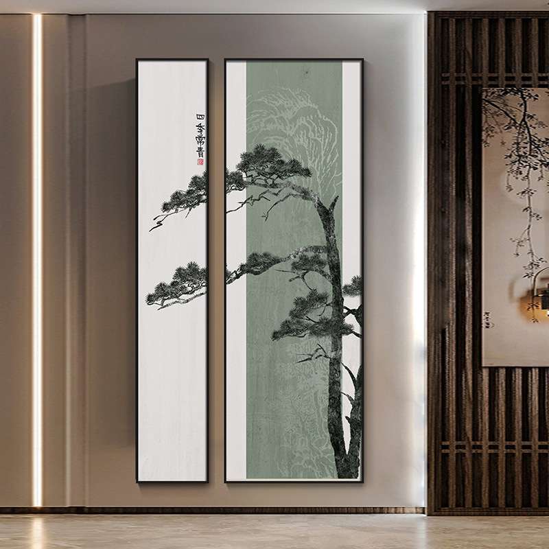 入户玄关装饰画走廊过道新中式山水挂画办公室茶室两联竖版墙壁画