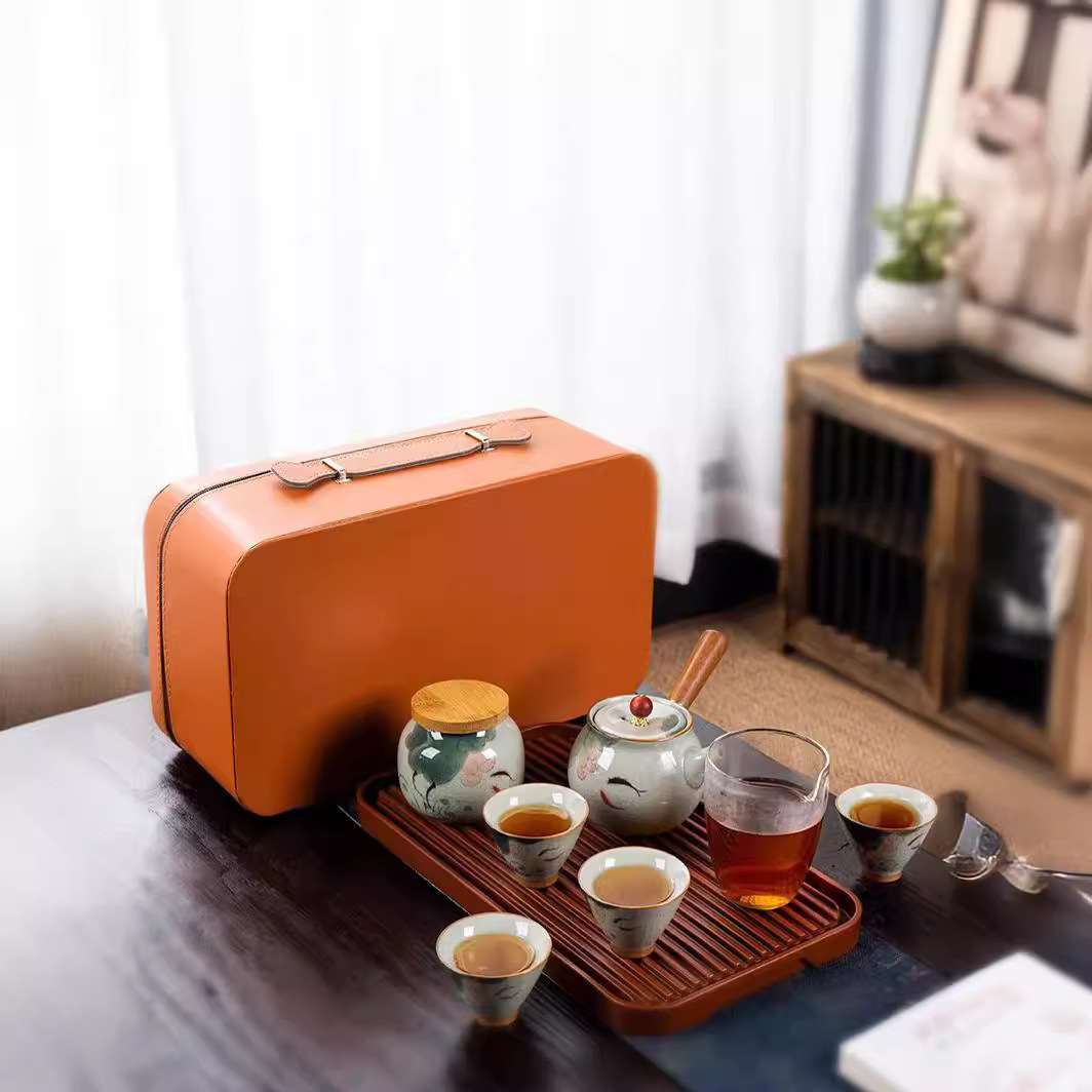 釉下彩手绘哥窑侧把壶开片釉茶盘茶杯家用户外旅行便携茶具套装
