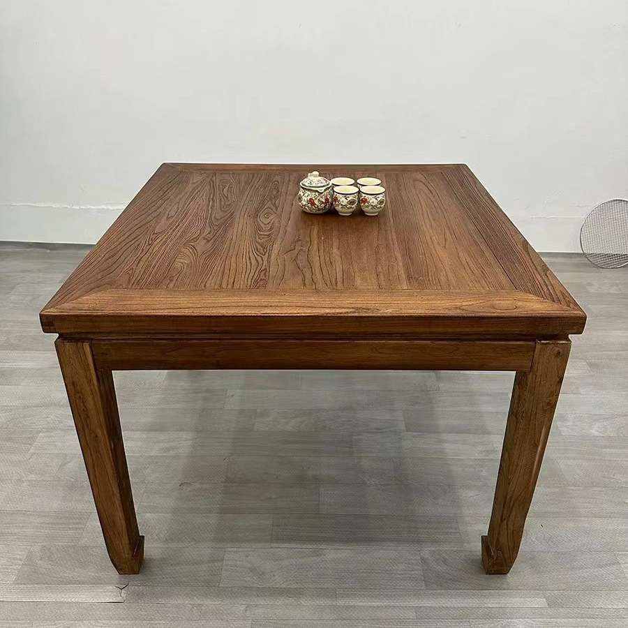 实木八仙桌正方形餐桌家用复古老榆木桌子茶室四方形茶桌长条凳子
