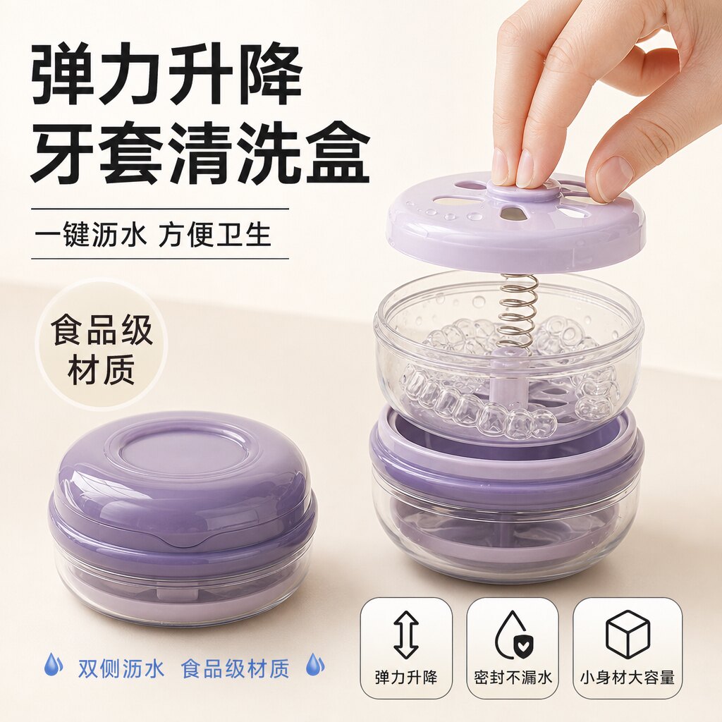 多功能升降分层牙套清洁收纳盒