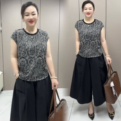 胖MM时尚套装女士夏季新款洋气印花短袖上衣七分阔腿裤休闲两件套