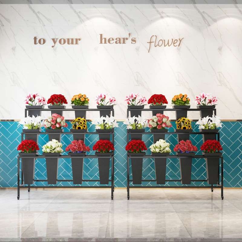 花店展示架鲜花阶梯多层可移动醒花桶架子摆摊假花铁艺万向轮花架