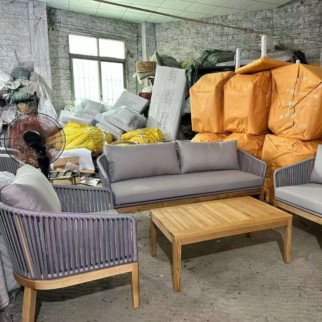 工厂直销北欧户外编绳铝合金仿木纹柚木休闲组合沙发别墅庭院花园