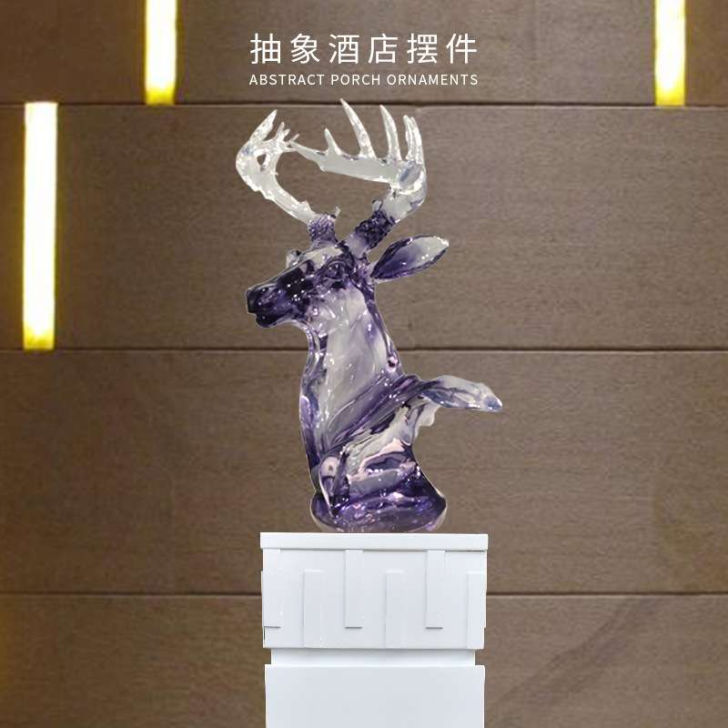 透明水晶鹿头树胶摆件客厅现代酒店大厅装饰品抽象家居创意摆件