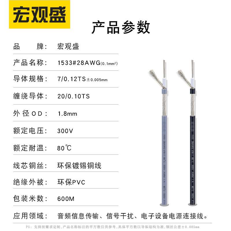 宏观盛1533屏蔽线28awg灰色麦克风咪头线外径1.8mm单芯屏蔽音频线
