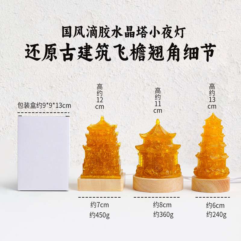 天然水晶滴胶钟塔小夜灯水晶碎石国潮文创地摊夜市套圈摆件工艺品